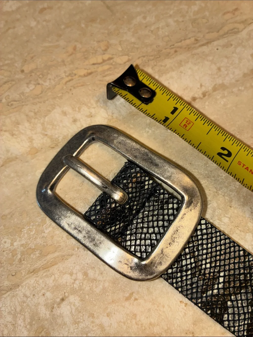 Streets Ahead belt, women's L, black and grey snake print, silver buckle. Euc